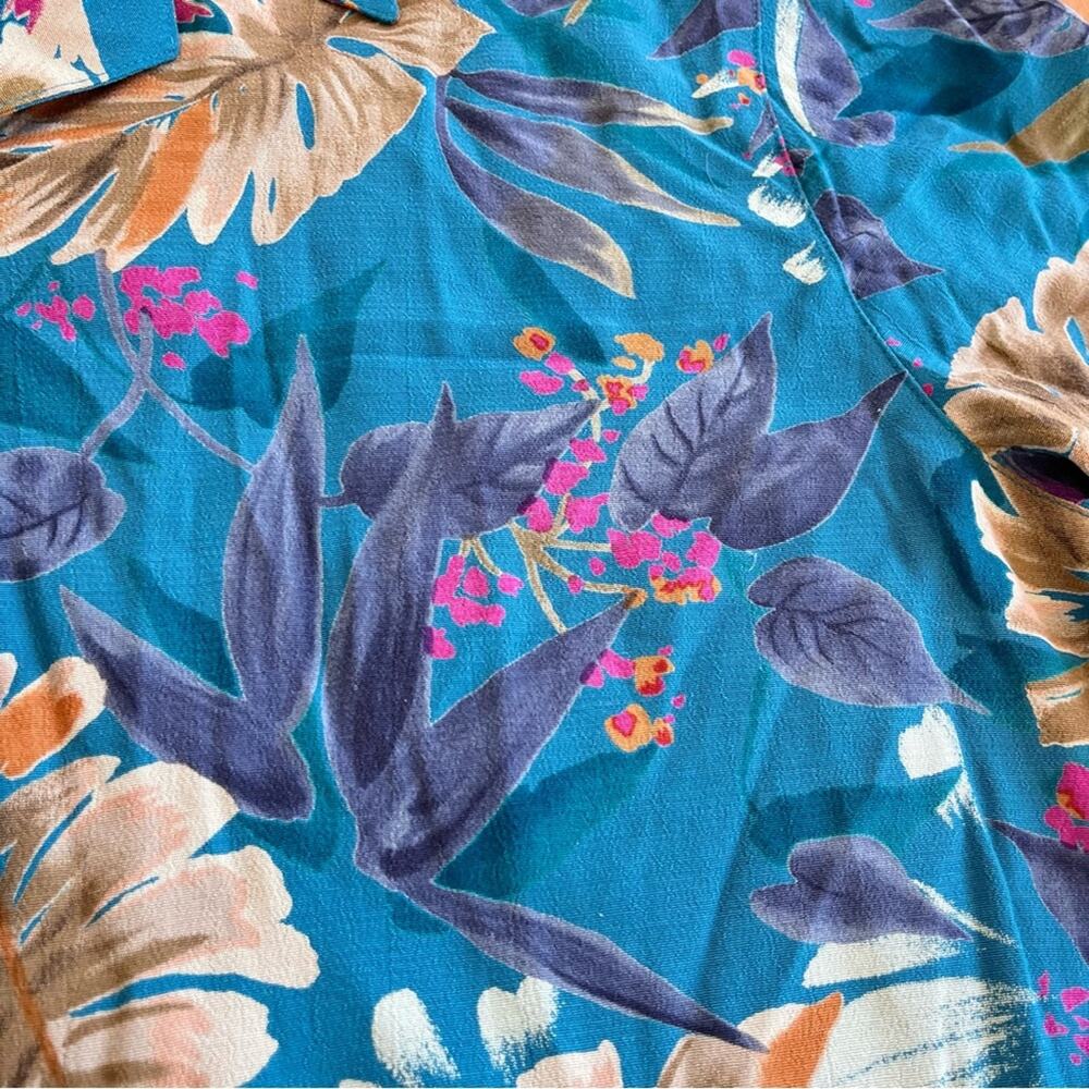 Vintage Colorful Women's Hawaiian Shirt Short Sleeve Teal Blue Aqua Floral XL - Picture 4 of 9